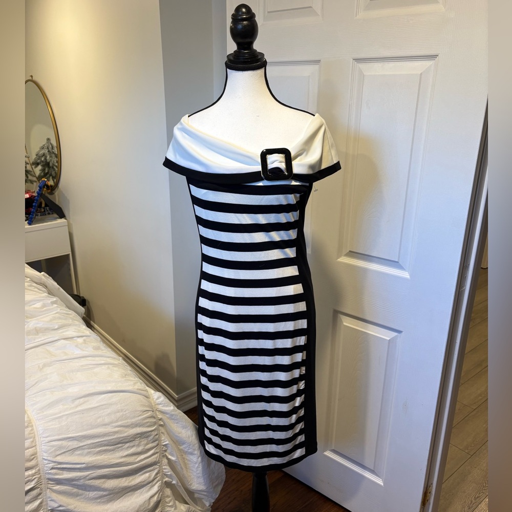 Frank Lyman Black White Striped Off Shoulder Midi Dress Size 10